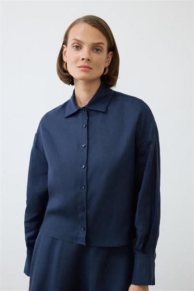 NATURAL 100% LINEN CROPPED SHIRT NAVY BLUE
