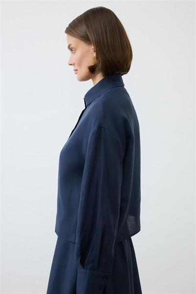 NATURAL 100% LINEN CROPPED SHIRT NAVY BLUE