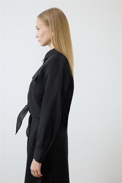 NATURAL 100% LINEN CROPPED TIED SHIRT BLACK