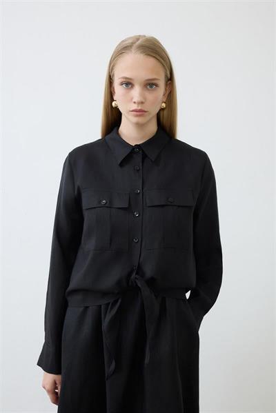 NATURAL 100% LINEN CROPPED TIED SHIRT BLACK