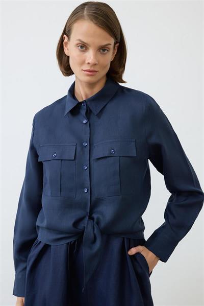 NATURAL 100% LINEN CROPPED TIED SHIRT NAVY BLUE
