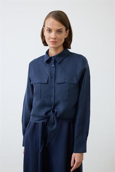 NATURAL 100% LINEN CROPPED TIED SHIRT NAVY BLUE