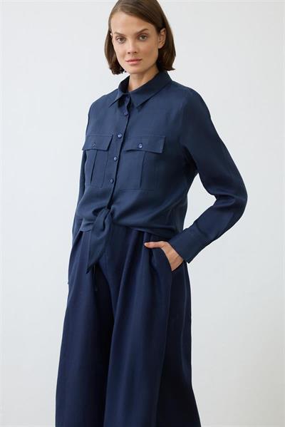 NATURAL 100% LINEN CROPPED TIED SHIRT NAVY BLUE