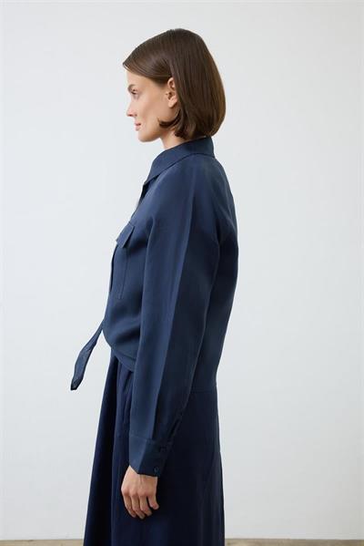 NATURAL 100% LINEN CROPPED TIED SHIRT NAVY BLUE