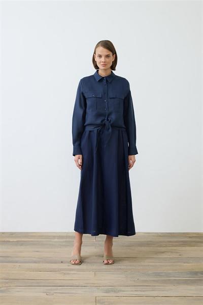 NATURAL 100% LINEN CROPPED TIED SHIRT NAVY BLUE