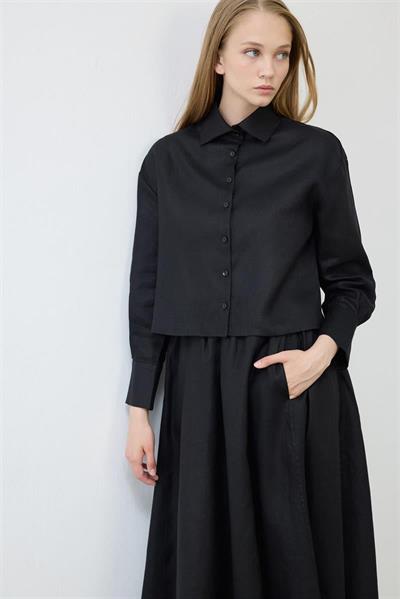 NATURAL 100% LINEN ELASTIC WAIST SKIRT BLACK