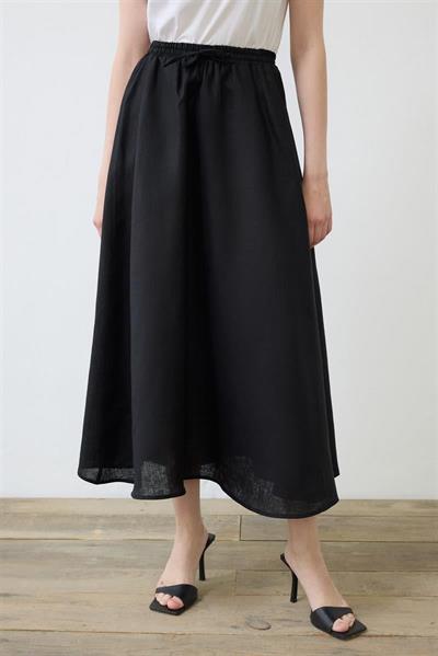 NATURAL 100% LINEN ELASTIC WAIST SKIRT BLACK