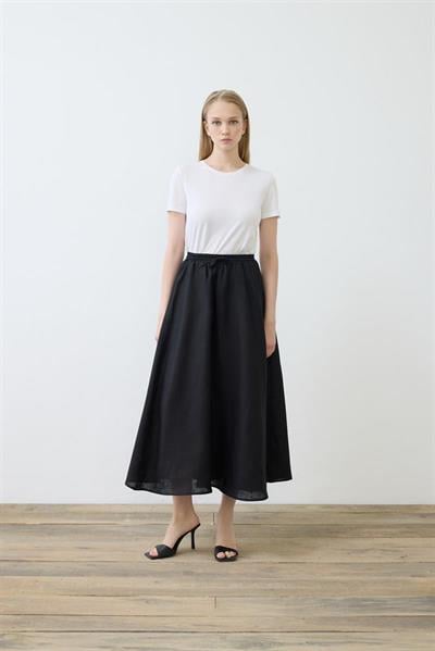 NATURAL 100% LINEN ELASTIC WAIST SKIRT BLACK