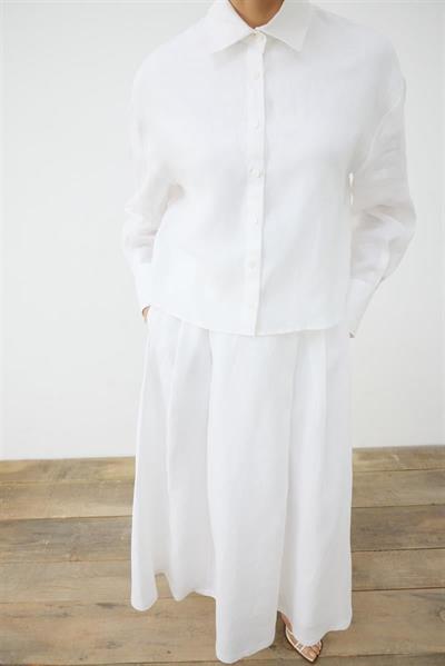 NATURAL 100% LINEN ELASTIC WAIST SKIRT SET WHITE