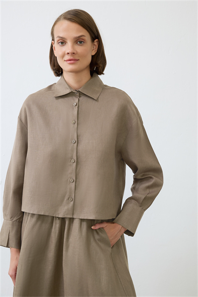 NATURAL 100% LINEN ELASTIC WAIST SKIRT SET TAUPE