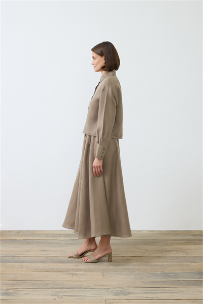 NATURAL 100% LINEN ELASTIC WAIST SKIRT SET TAUPE