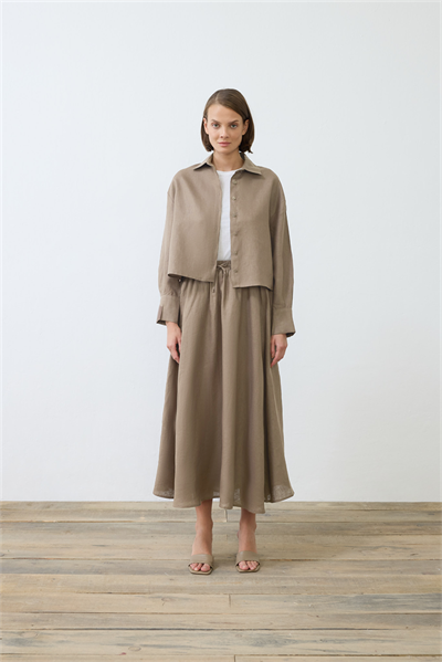 NATURAL 100% LINEN ELASTIC WAIST SKIRT SET TAUPE