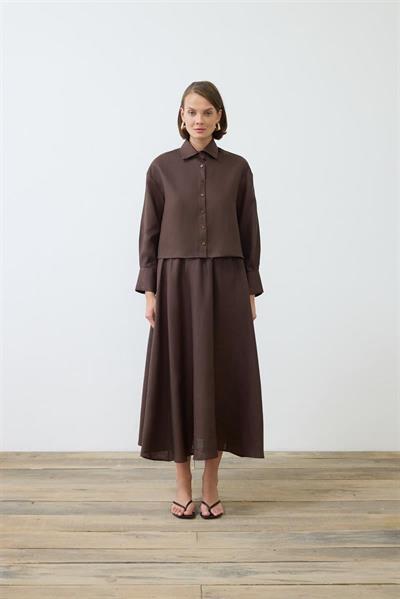 NATURAL 100% LINEN ELASTIC WAIST SKIRT SET DARK BROWN