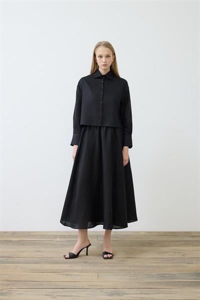 NATURAL 100% LINEN ELASTIC WAIST SKIRT SET BLACK