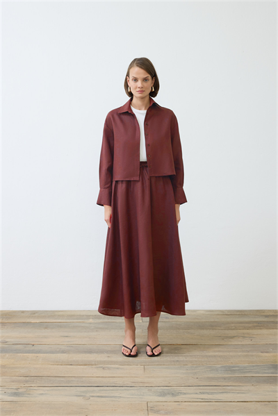 NATURAL 100% LINEN ELASTIC WAIST SKIRT SET BURGUNDY
