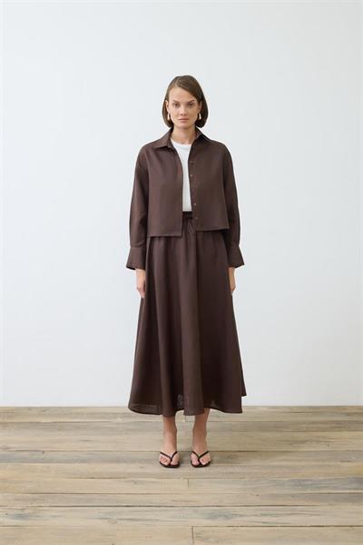 NATURAL 100% LINEN ELASTIC WAIST SKIRT SET DARK BROWN