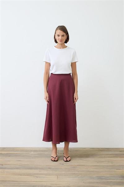 NATURAL 100% LINEN FLARED SKIRT BURGUNDY