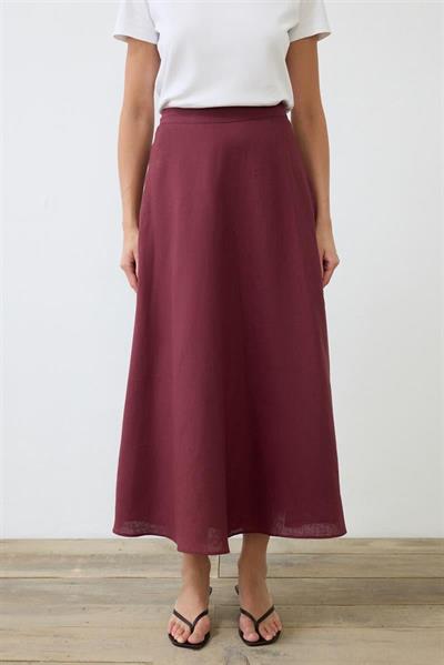 NATURAL 100% LINEN FLARED SKIRT BURGUNDY
