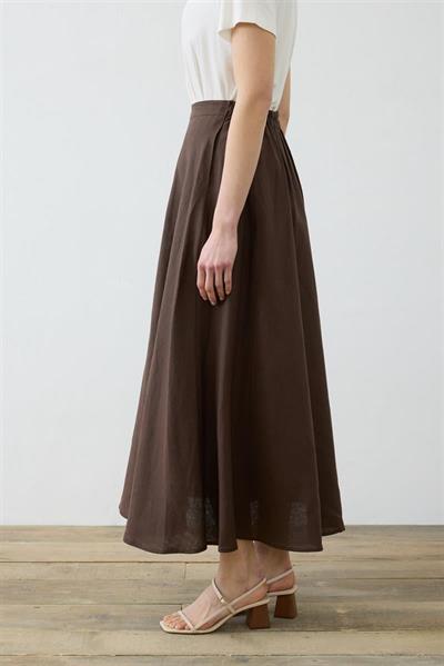 NATURAL 100% LINEN FLARED SKIRT DARK BROWN
