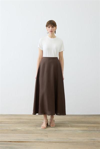 NATURAL 100% LINEN FLARED SKIRT DARK BROWN