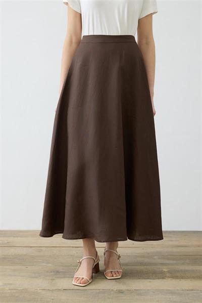 NATURAL 100% LINEN FLARED SKIRT DARK BROWN