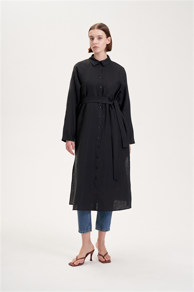 NATURAL 100% LINEN LONG SHIRT BLACK