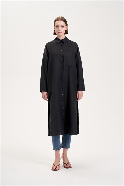 NATURAL 100% LINEN LONG SHIRT BLACK