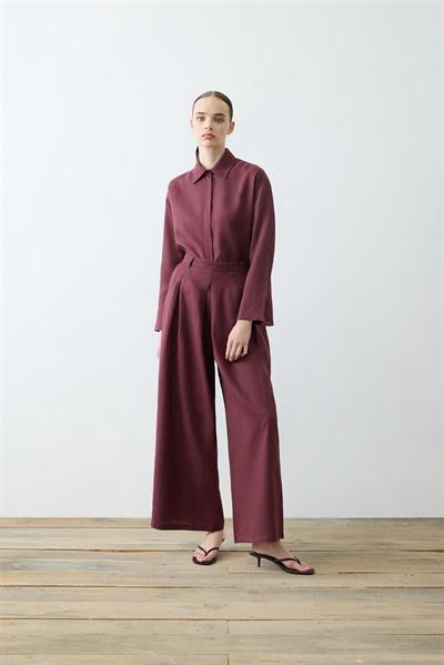 NATURAL 100% LINEN PLEATED PANTS SET BURGUNDY