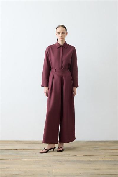NATURAL 100% LINEN PLEATED PANTS SET BURGUNDY