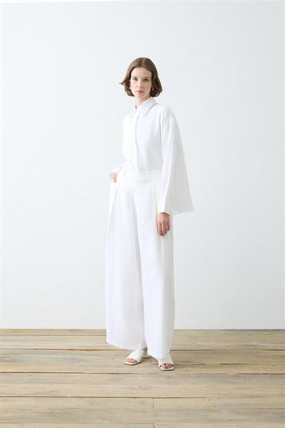 NATURAL 100% LINEN PLEATED PANTS SET WHITE