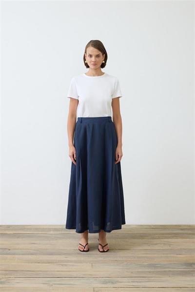 NATURAL 100% LINEN PLEATED SKIRT NAVY BLUE
