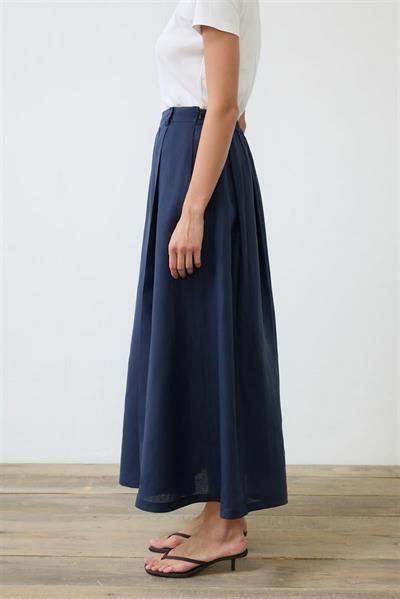 NATURAL 100% LINEN PLEATED SKIRT NAVY BLUE