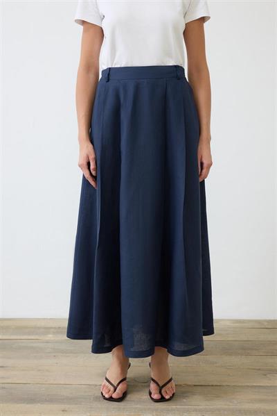 NATURAL 100% LINEN PLEATED SKIRT NAVY BLUE