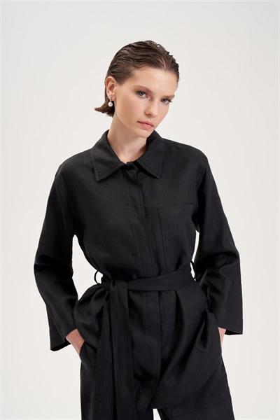 NATURAL 100% LINEN POCKET DETAILED SET BLACK