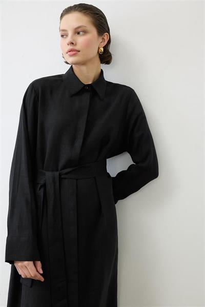 NATURAL 100% LINEN SHIRT DRESS BLACK