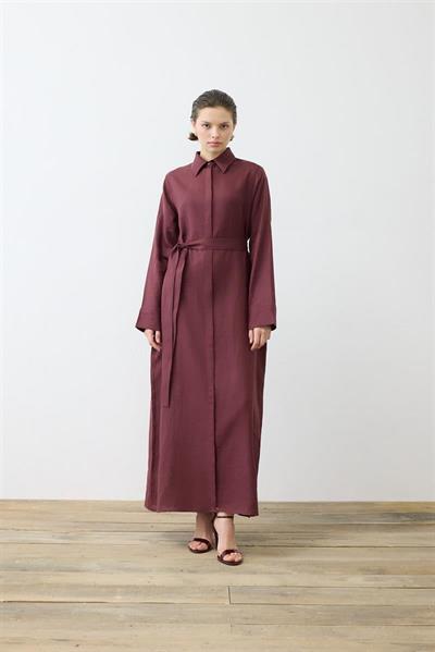 NATURAL 100% LINEN SHIRT DRESS BURGUNDY