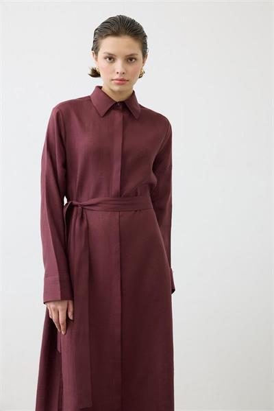 NATURAL 100% LINEN SHIRT DRESS BURGUNDY
