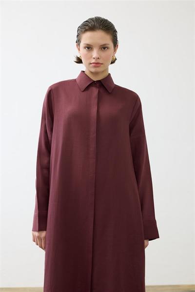 NATURAL 100% LINEN SHIRT DRESS BURGUNDY