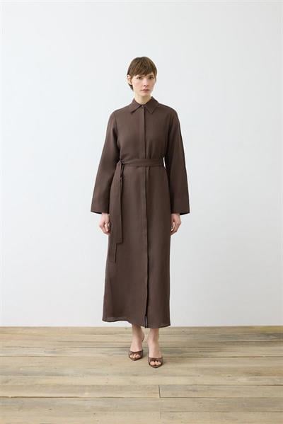 NATURAL 100% LINEN SHIRT DRESS DARK BROWN