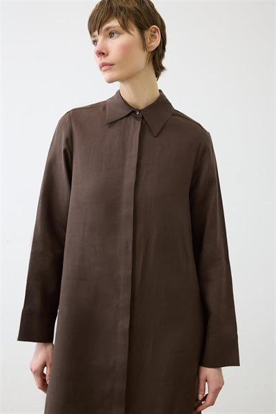 NATURAL 100% LINEN SHIRT DRESS DARK BROWN