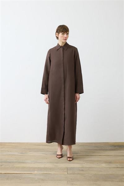 NATURAL 100% LINEN SHIRT DRESS DARK BROWN