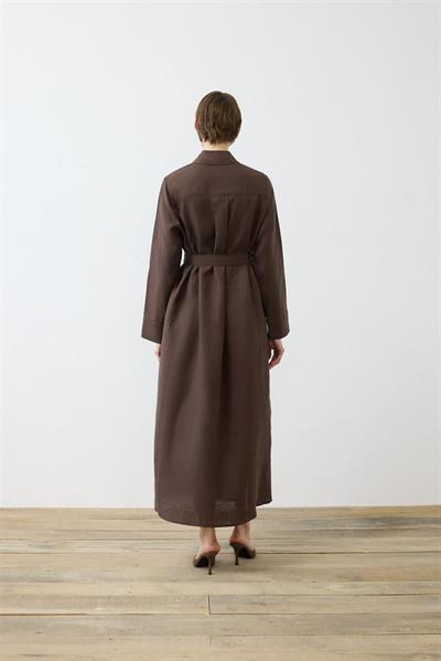 NATURAL 100% LINEN SHIRT DRESS DARK BROWN