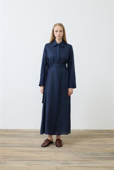 NATURAL 100% LINEN SHIRT DRESS NAVY BLUE