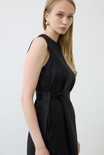 NATURAL 100% LINEN SLEEVELESS DRESS BLACK