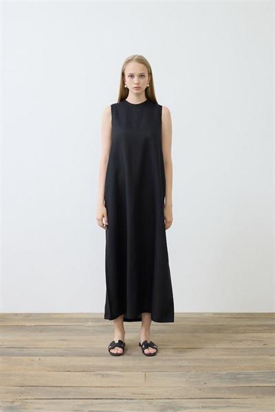 NATURAL 100% LINEN SLEEVELESS DRESS BLACK