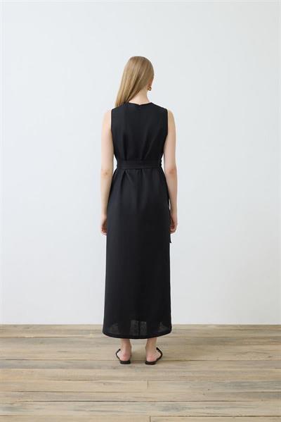 NATURAL 100% LINEN SLEEVELESS DRESS BLACK