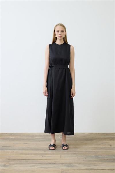 NATURAL 100% LINEN SLEEVELESS DRESS BLACK