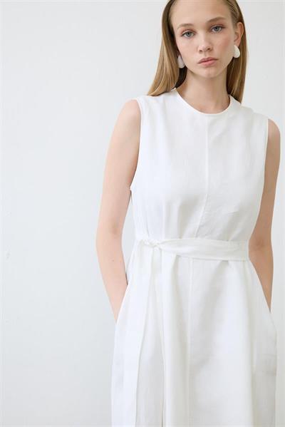 NATURAL 100% LINEN SLEEVELESS DRESS WHITE