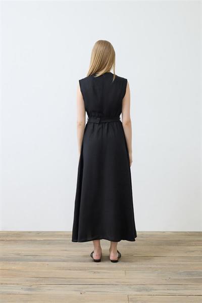 NATURAL 100% LINEN SLEEVELESS FLARED DRESS BLACK