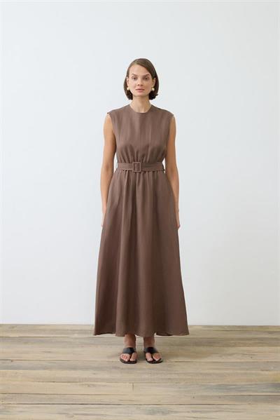 NATURAL 100% LINEN SLEEVELESS FLARED DRESS TAUPE